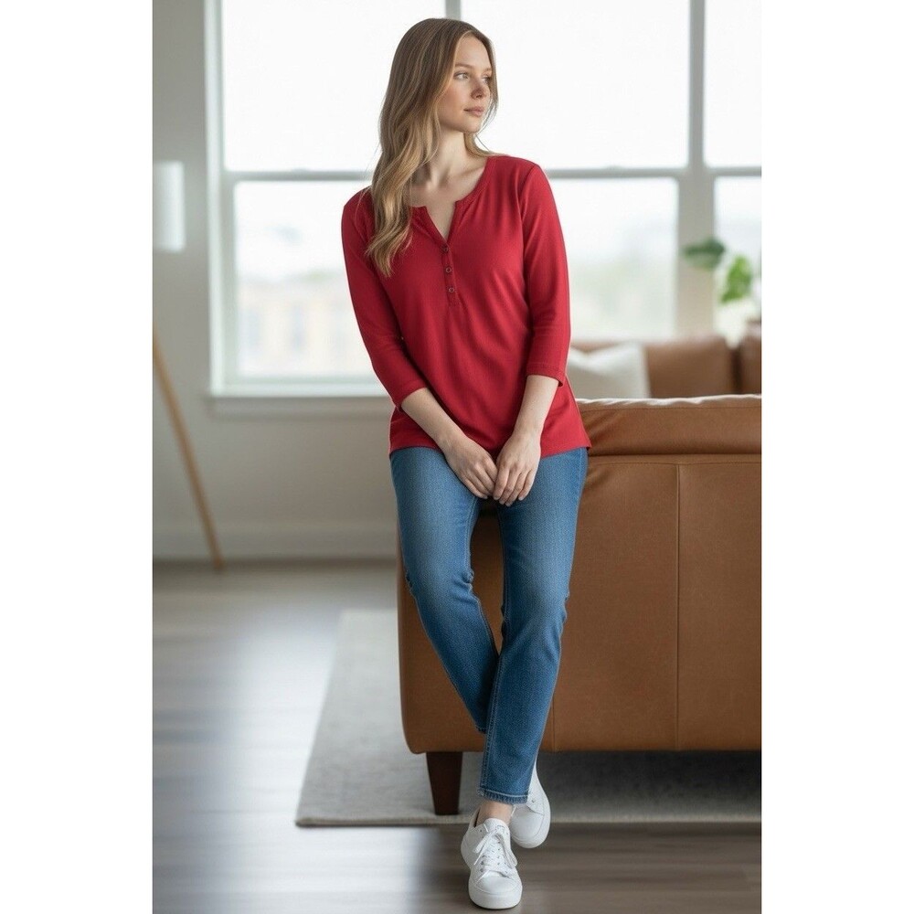 Karen Scott Women’s Red 3/4 Sleeve Top Blouse Size OX Holiday Christmas V-neck